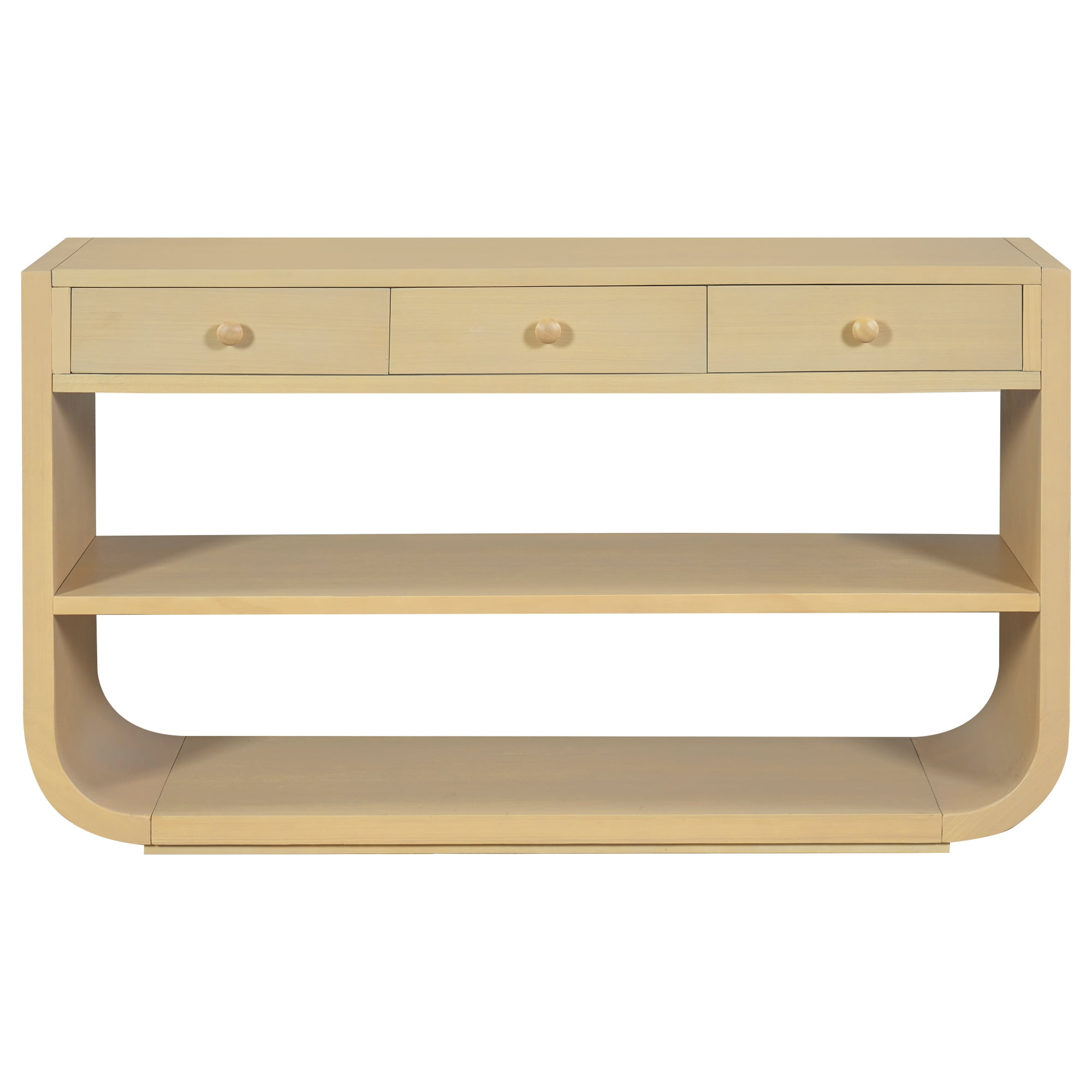 Euroco 55 Inch Curved Console Table with 3 Soft-Close Drawers, 3-Tier Entryway Table with 2 Storage Open Shelves,Wood Narrow Long Sofa Table for Living Room, Hallway, Foyer,Natural