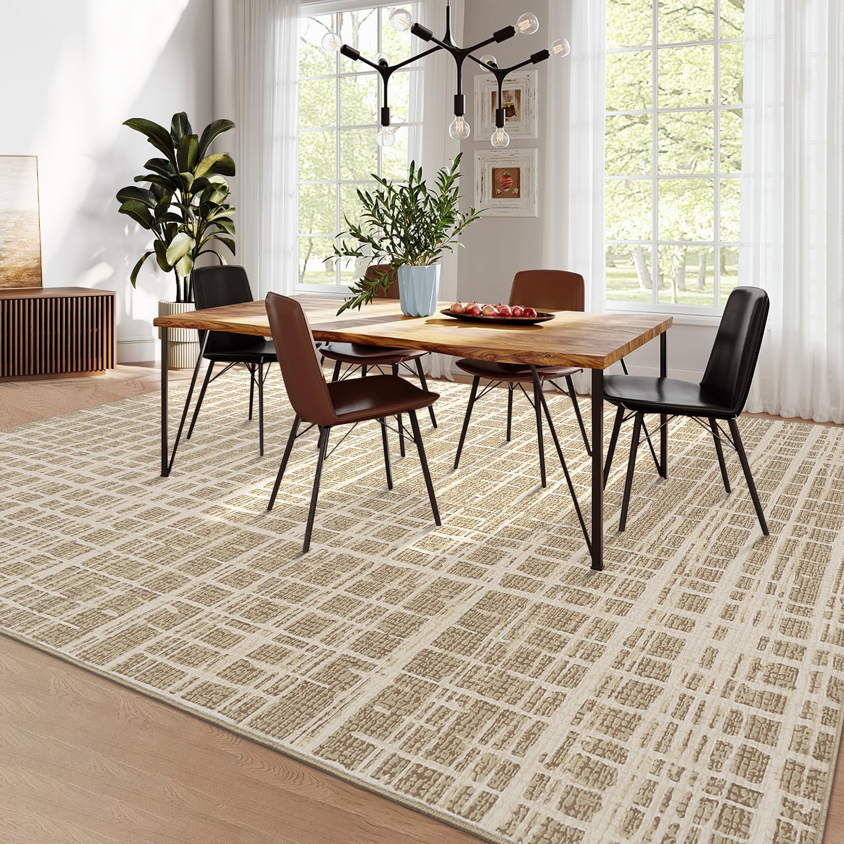 Hasoo Washable Large 10' x 13' Geometric Grid Area Rug for Living Room Soft Indoor Carpet, Camel