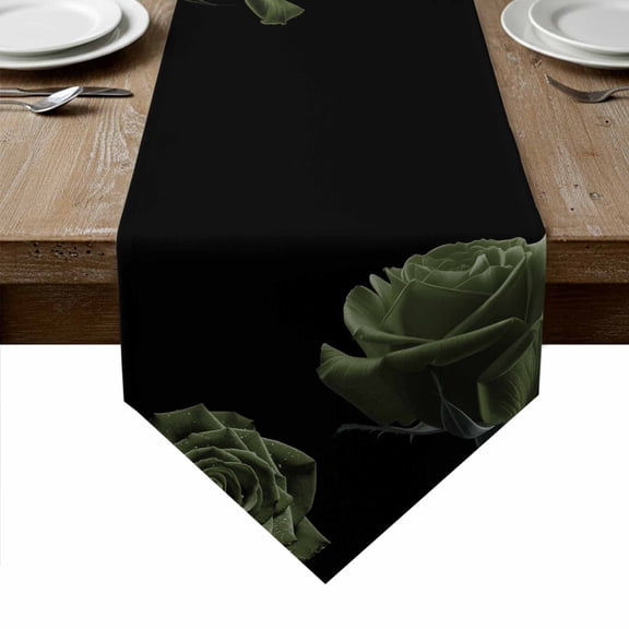 Sage Green Rose Table Runner Linen Burlap Table Runner 108 Inches Long Vintage Abstract Garden Flower Floral Black Dresser Scarves for Kitchen Island Coffee Party Holiday Decoration 13"x108"