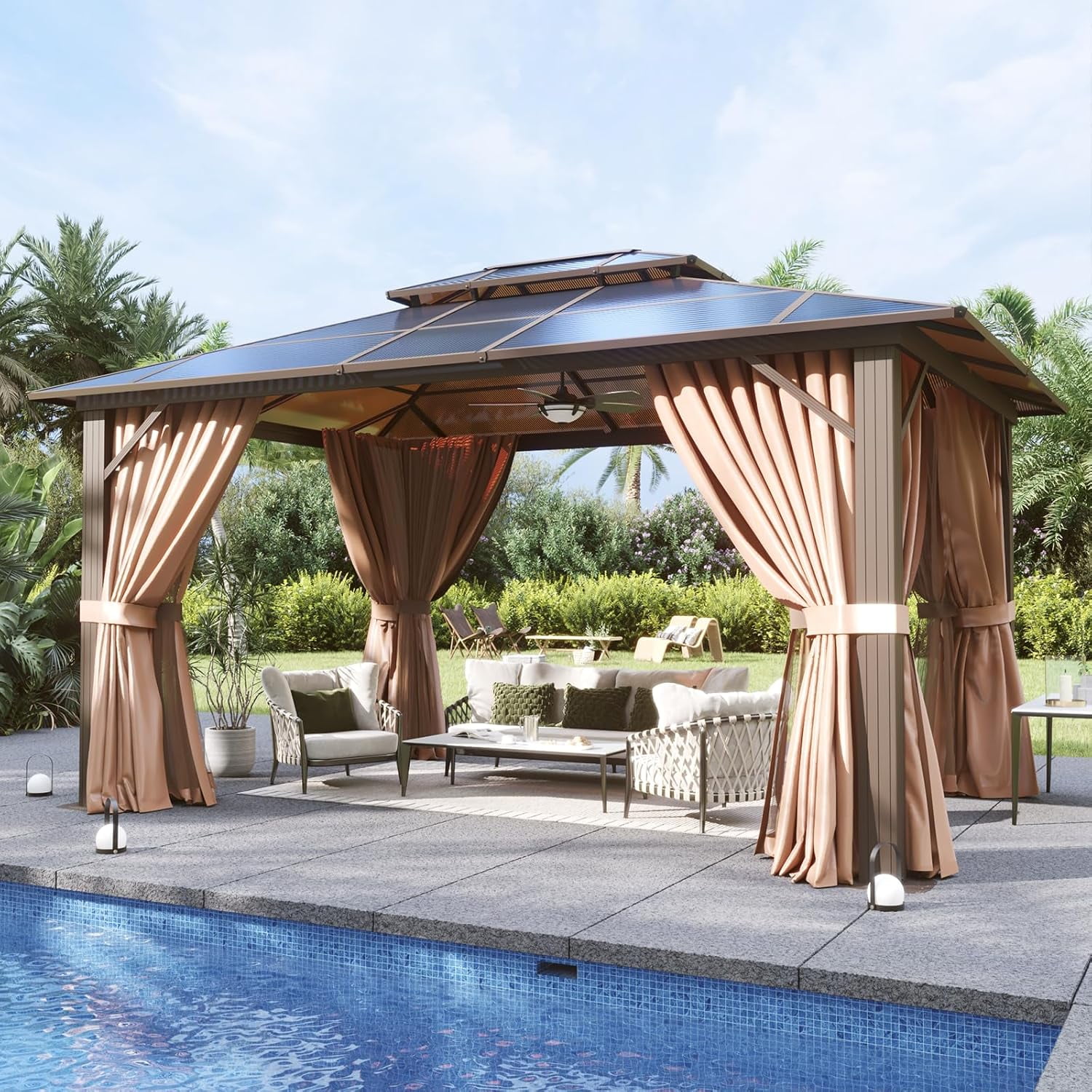 Aoxun 10 ft. x 12 ft. Hardtop Gazebo, Double Polycarbonate Roof Aluminum Frame Gazebo W/Curtain and Netting, Brown
