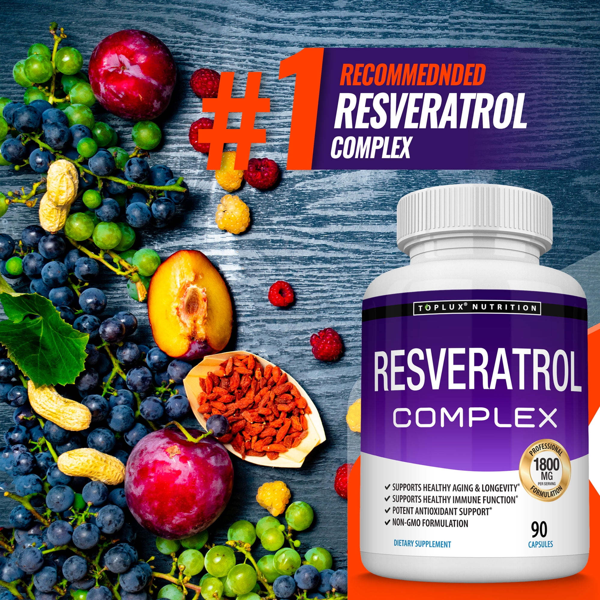Toplux Resveratrol Supplement 1800mg Trans-Resveratrol for Antioxidant Anti-Aging Support 90 Capsules
