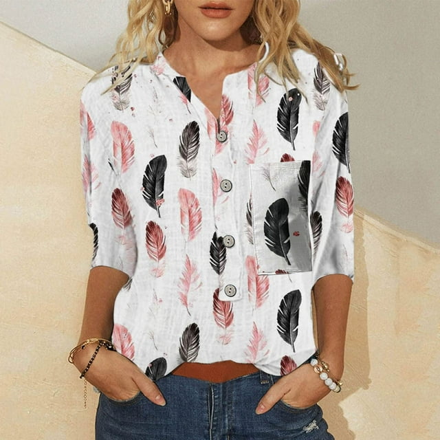 Hauts Mignons pour Femmes Mode T-shirt Imprimé Ample Blouse Mi-Longue Manches 3/4 Col Rond Hauts Décontractés Blouses d'Été pour Femmes en Liquidation
