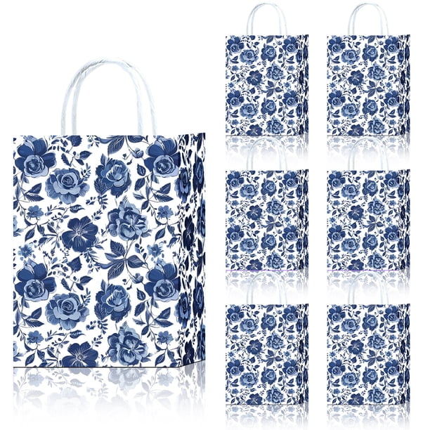 Bolsa de regalo de papel kraft de estilo porcelana azul y blanco, 22 x 16 x 8 cm