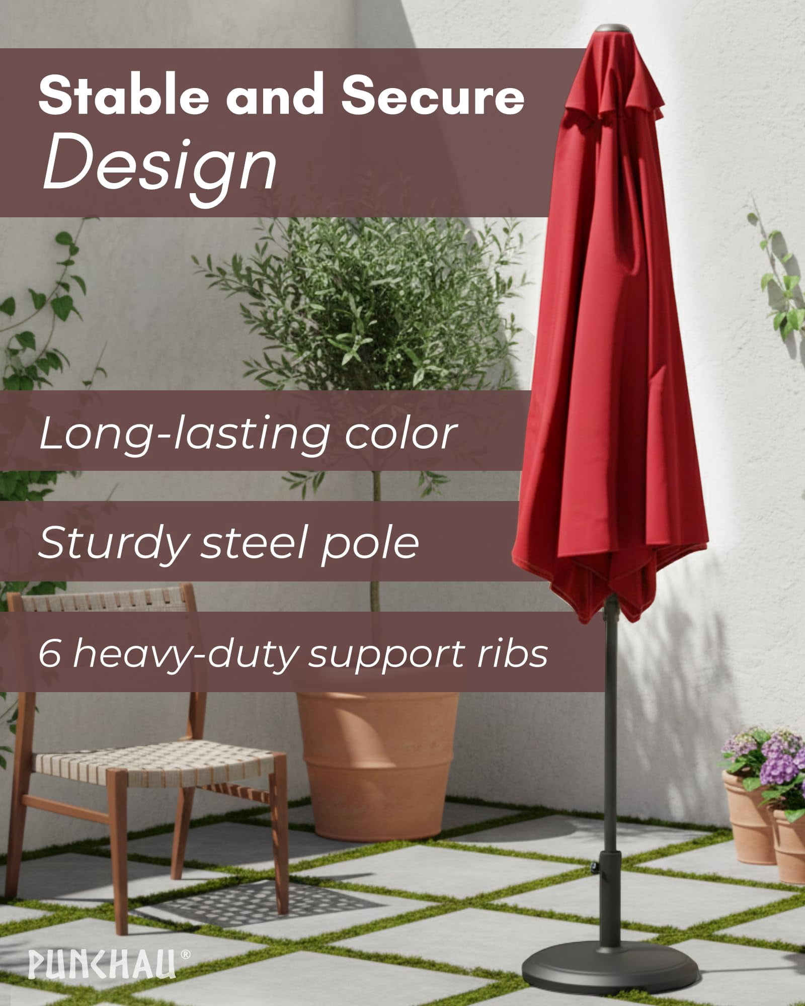 Punchau 6 Ft Outdoor Patio Umbrella, Easy Open/Close Crank and Push Button Tilt Adjustment - Wine Red Burgundy Market Umbrellas