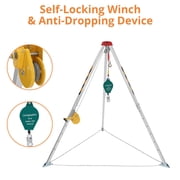 Confined Space Tripod Kit with 1200 LBS Lifting Winch and Fall Arrester, SewerRe-scueTripod with Safety Self-Locking Device