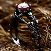 ZMY Home Stainless Steel Skull Ring with Dual Skeletons and Red Gemstone (8)