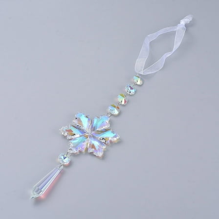 2 pc Crystals Chandelier Suncatchers Prisms Snowflake & Pointed Glass Hanging Pendant with Organza Ribbon Faceted Full Rainbow Plated Clear AB 380mm