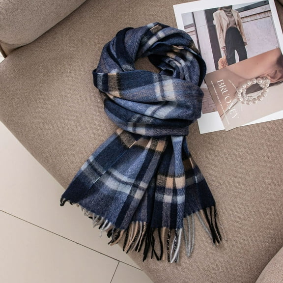 Firefly Hope Womens Wool Chunky Plaid Tassel Scarf, Long Large Warm Soft Winter Blanket Shawl，Style A,Blue grid
