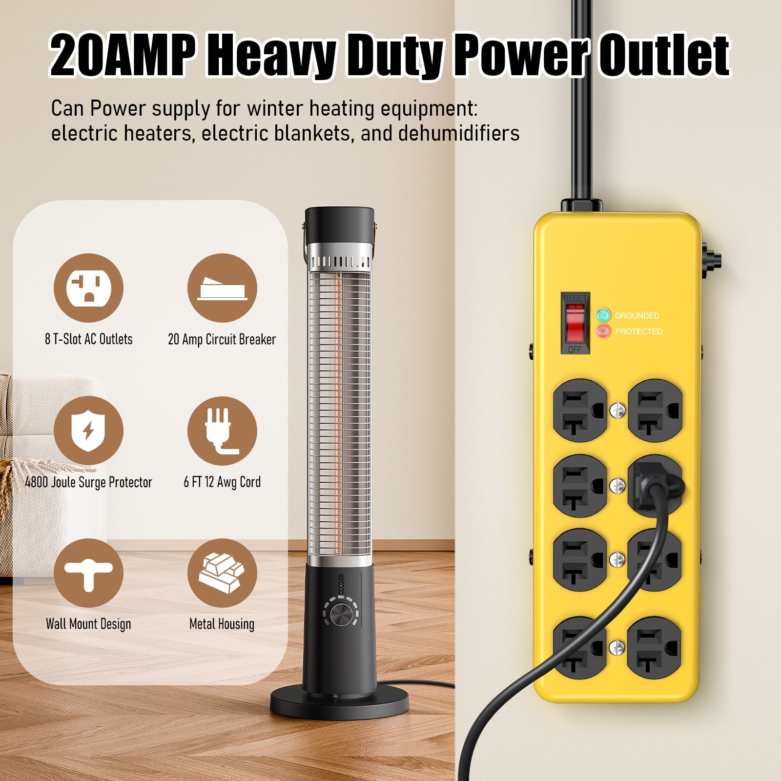 VILONG Heavy Duty Surge Protector Power Strip 20A, 8-Outlet,4800J /2500W, Multi Plug Outlet, 6ft 12AWG Extension Cords for Indoor, ETL, Yellow