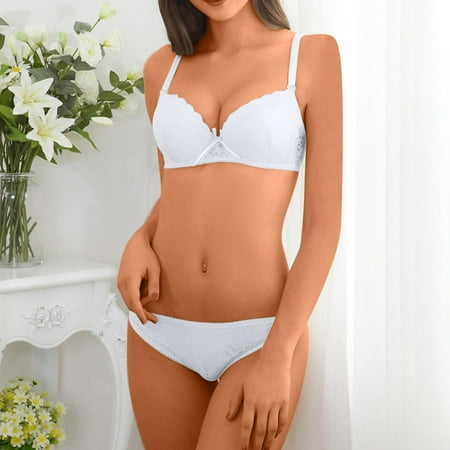Voncos Comfy Womens Underwear Sets Comfortable Strappy Lace Gathering Bras and Underpants Lingerie Set White Size e