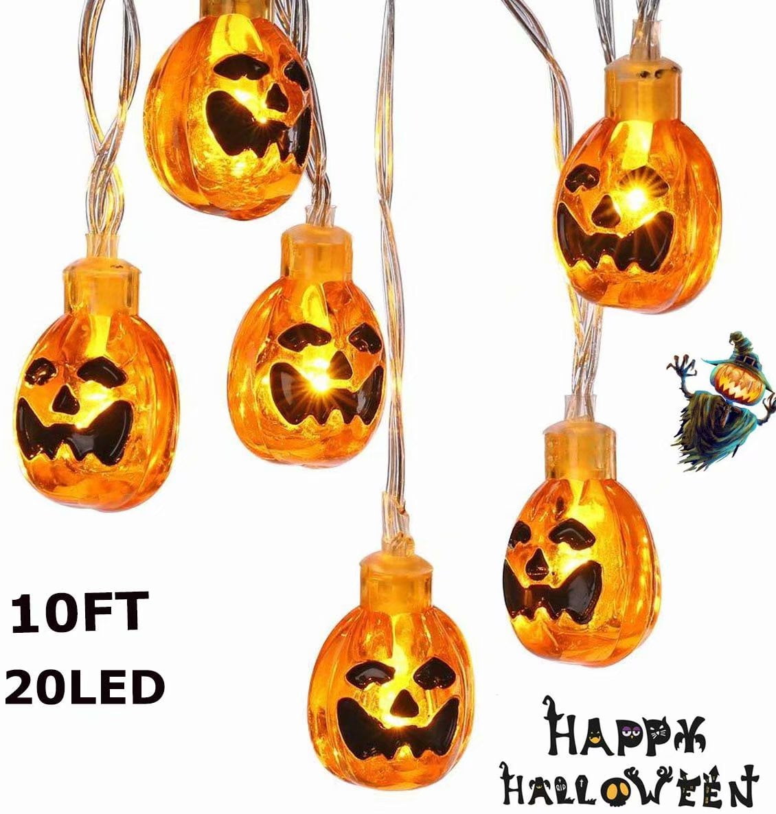 20LED Halloween String Lights, 10ft Battery Powered Pumpkin String