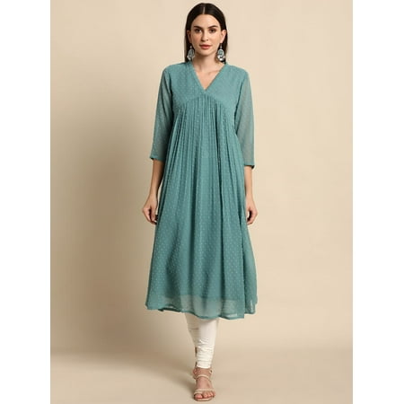 Janasya Indian V-Neck 3/4 Sleeve Self Design Green Poly Chiffon Kurta For Women