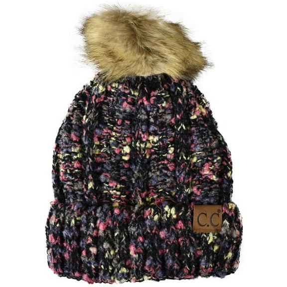 C.C Thick Cable Knit Faux Fuzzy Fur Pom Fleece Lined Skull Cap Cuff Beanie, Popcorn Confetti Bk