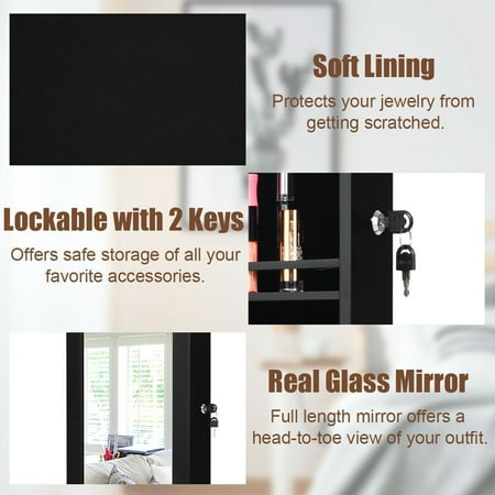 Costway Wall Door Mounted Mirror Jewelry Cabinet Organizer w/LED Lights - Black