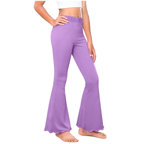 Ynynloco Women's Casual High Waist Ruffle Flare Pants Casual Scalloped Hem Wide Leg Solid Stretchy Bell Bottom