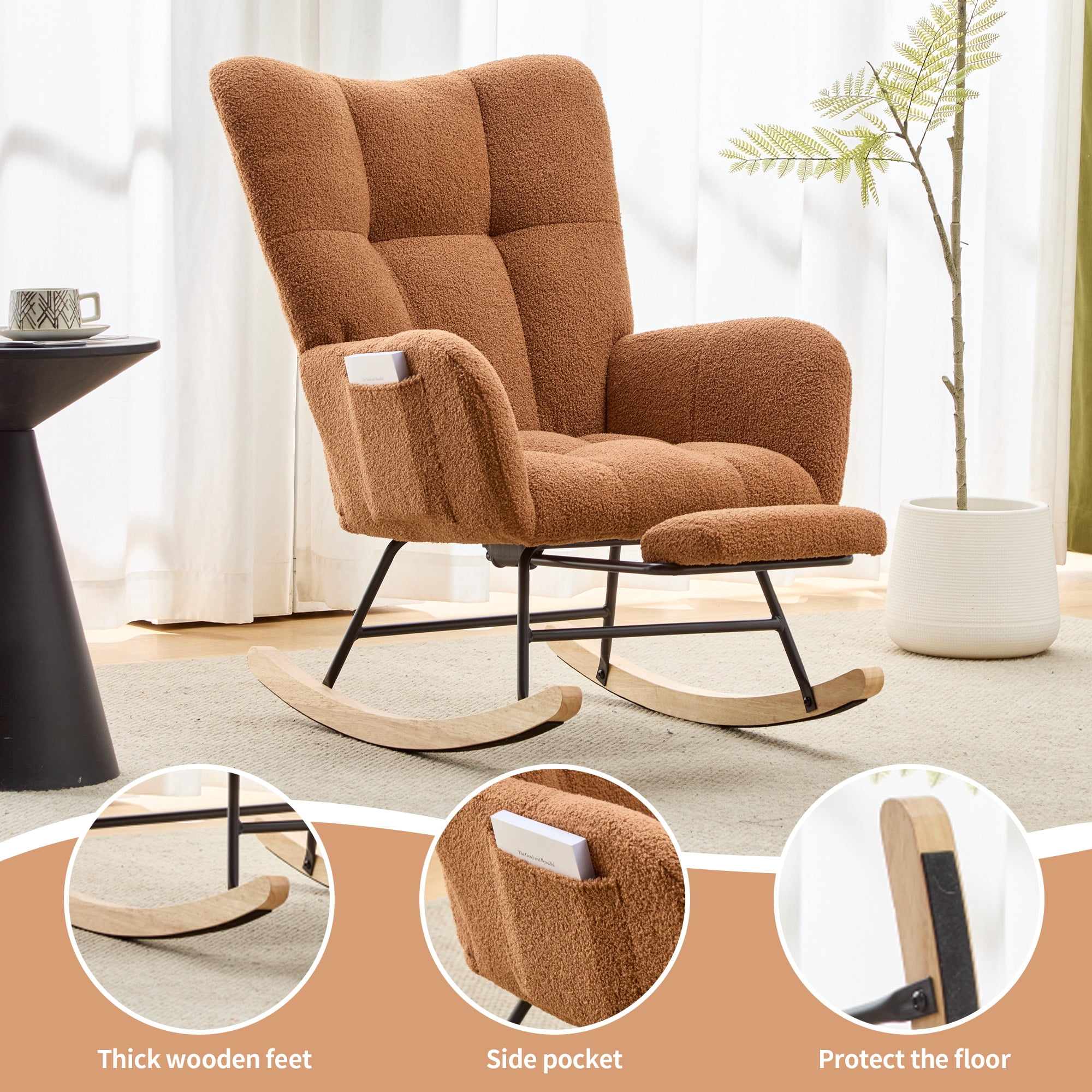 Leumius Nursery Rocking Chair with Footrest,Teddy Fabric Upholstered Glider Rocker Chair with High Backrest,Side Storage Pocket & Solid Wood Legs,Comfy Accent Chair for Living Room Bedroom,Brown