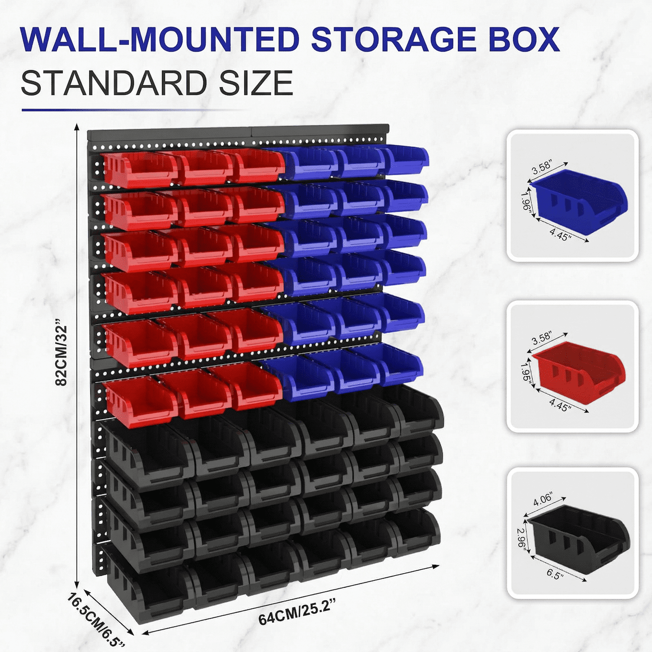 Wall Mounted Storage Bins 60PCS, Garage Storage Organizer with Rack, Plastic Screw Nut Bolt Organizer, Parts Hardware Storage Bins System, Large Capacity Tool Organizer (Red Blue Black)