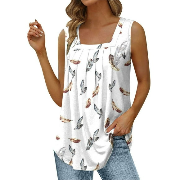 TSADFHJI Athletic Tops Women Tight Summer Vest Loose Pleated Square Neck Sleeveless Top Curved Hem Loose Large Size Women's Top S White