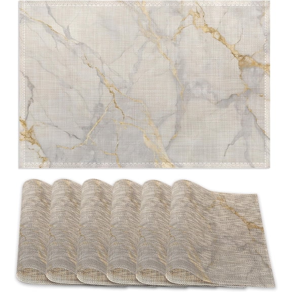 Placemats Set of 4,White Gold Marble Table Mats, Washable Linen Table Mats,Non-Slip Heat Resistant Placemats for Party Kitchen Dining Indoor Outdoor 12"x18"