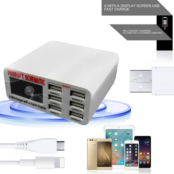 Six Ports de Charge Rapide Intelligente 6A Identification Automatique Numérique avec Écran LCD Indépendant Chargeur de Smartphone