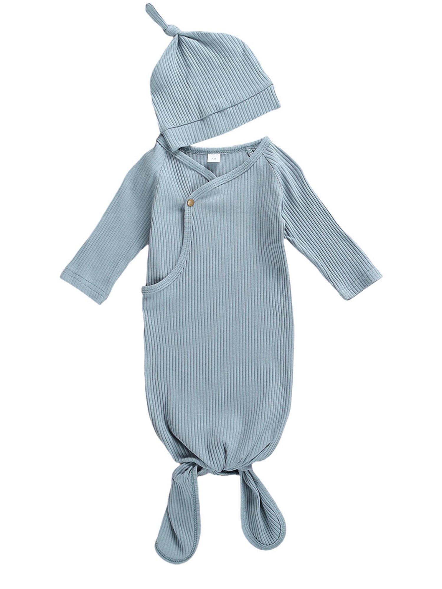 Newborn Baby Boys Girls Knotted Nightgown Long Sleeve Swaddle Blanket with Hat Set Coming Home Outfit