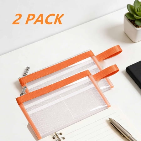FEOLGEHLY 2 Pcs Large Capacity File Organizer Waterproof Mesh Document Holder 9.05x4.72 Transparent File Pocket Folder Portable Document Organizer for Office Home Business Trips Work(Orange)