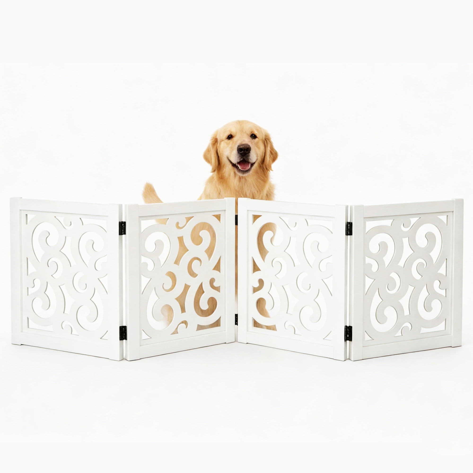 Ashfield & Harkness: 4-Panel Pet Gate - Scroll White - Wooden Foldable Freestanding Dog Fence, 80 x 23.5", Doorways-Halls-Stairs, 360 Rotated Hinges