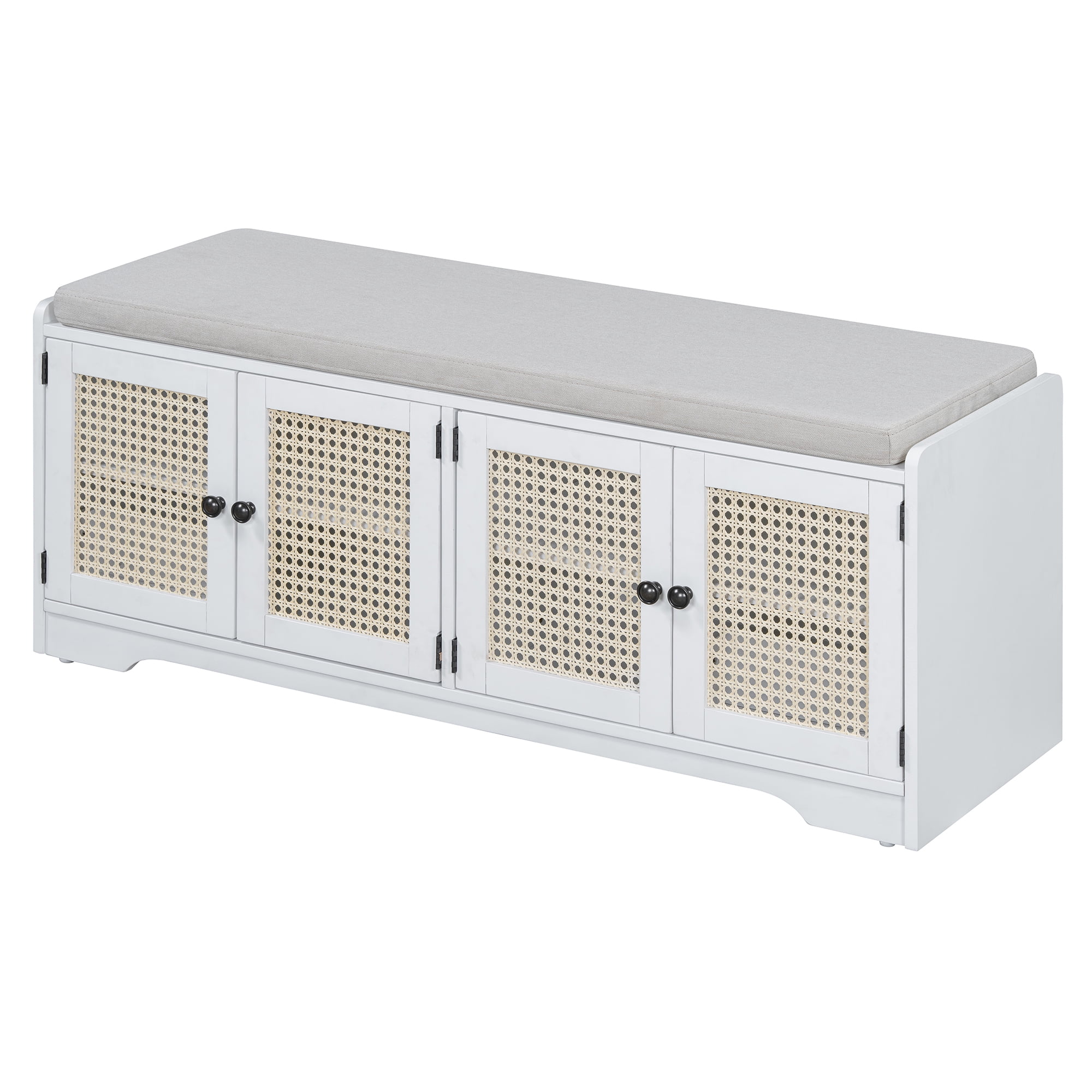 TREXM Rustic Storage Bench Multifunctional Wood Entryway Shoe Bench with Removable Cushion, Woven Rattan Doors & Adjustable Shelves for Hallway, Living Room (White+Beige )
