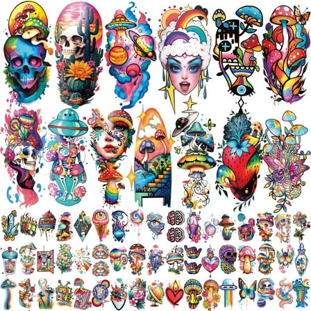 Yazhiji 77 Sheets Temporary Tattoo, Half Arm Tattoos Skull Cactus Mushroom Fake Tattoos for Adults Women Men, Waterproof Tiny Tattoos Sticker for Girls Boys and Kids