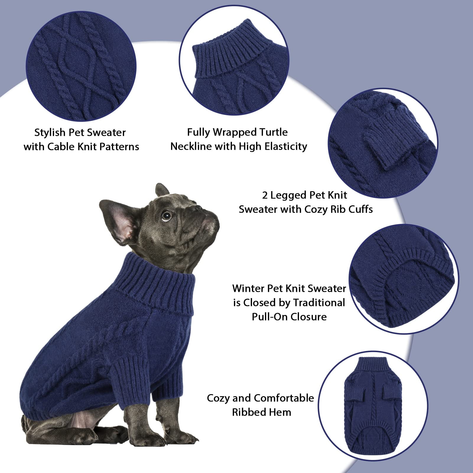 PayUSD Small Dog Pullover Sweater, Cold Weather Cable Knitwear, Classic Turtleneck Thick Warm Clothes for Chihuahua, Bulldog, Dachshund, Pug, Yorkie