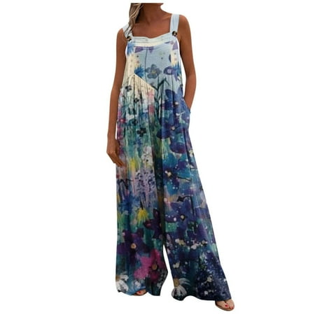 

Jumpsuits for Women Casual Womens Rompers And Jumpsuits Women Print Jumpsuit Pajamas Casual Buttons Pocket Sleeveless Wide Leg Long Pants on Clearance