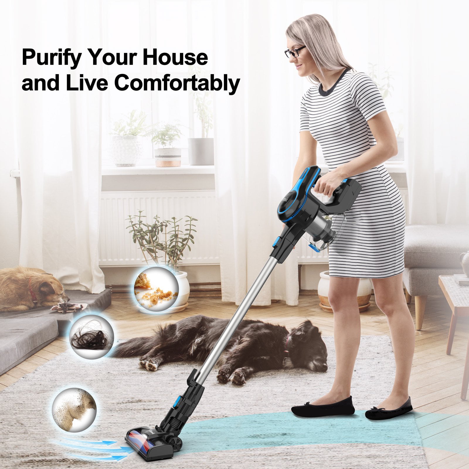 INSE Cordless Vacuum Cleaner, 6-in-1 Rechargeable Stick Vacuum with 2200 mAh Battery, Powerful Lightweight Vacuum Cleaner, Up to 45 Mins Runtime, for Home Hard Floor Carpet Pet Hair - 1