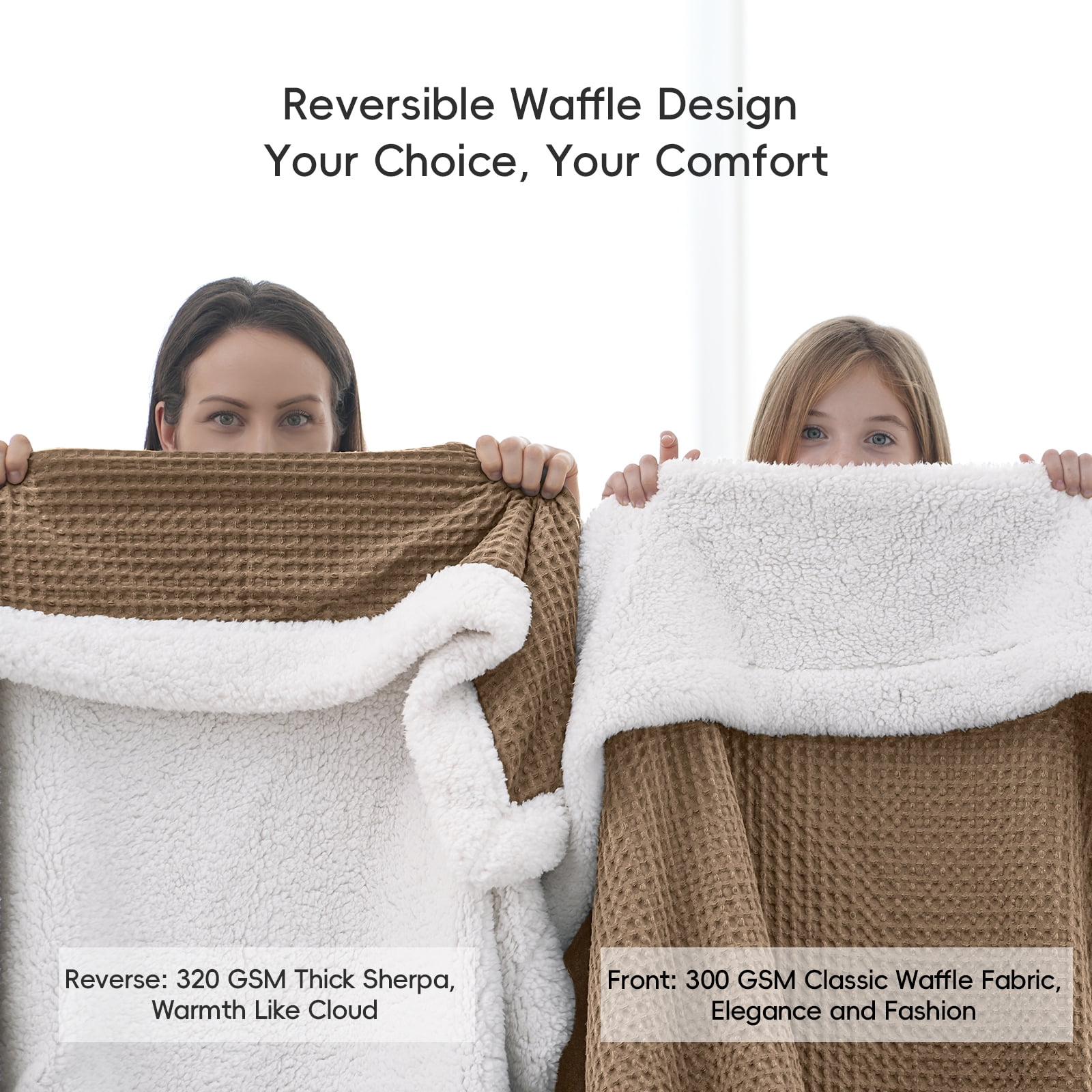 PHF Waffle Sherpa Bed Blanket King Size, Cozy Warm Reversible Plush Flannel Blanket for Winter, 104" x 90", Mocha