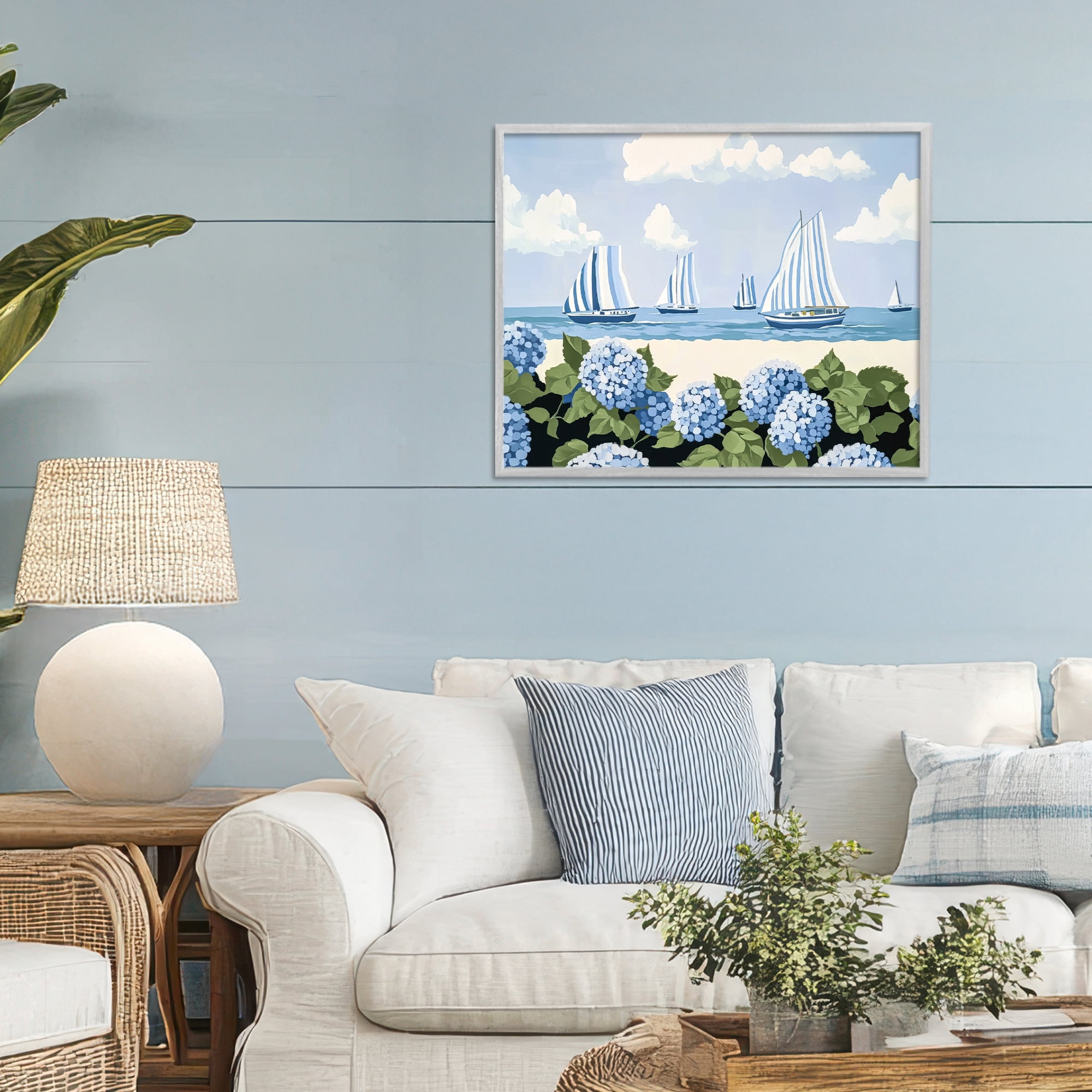 Stupell Industries Striped Sails & Seaside Hydrangeas Gray Framed Giclee Art, design by Sisi and Seb