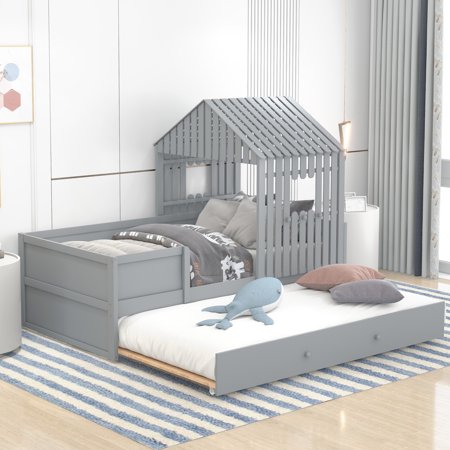 Seizeen Low Loft Bed with Trundle, Twin Size House-shaped Bunk Bed for Kids Teens, Solid Wood Bed Frame with Guardrails and Roof, No Box Spring Needed, Gray, L0116