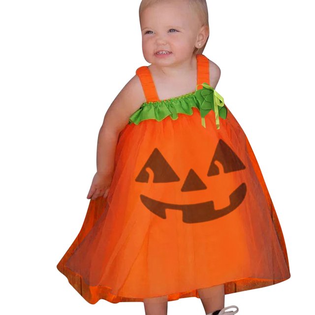 WEAIXIMIUNG Robes pour Filles Taille 6X-7 Robe Déguisement Enfants Bébés Filles Sans Manches Imprimés Citrouilles Mignonnes Robe en Maille Tenues