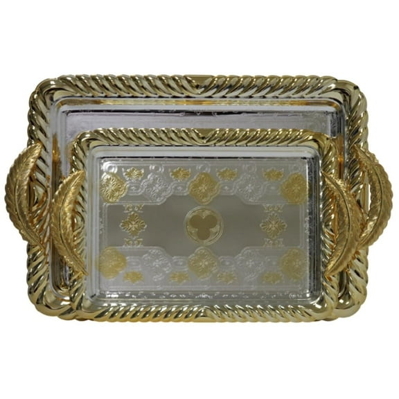 2-Piece Rectangular Silver & Gold Plated Serving Tray Set, 15" & 12", Stainless Steel for Tea, Snacks & Desserts