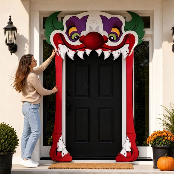 3D Halloween Door Archway Decor, Scary Clown Style Front Door Frame Decoration for Holiday Seasonal Party Indoor Outdoor Porch Display