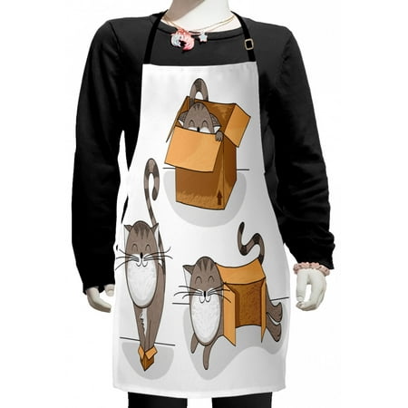

Cat Kids Apron Cartoon Cat Trying Fit Different Sized Cardboard Boxes Domestic Companion Boys Girls Apron Bib with Adjustable Ties for Cooking Baking Painting Sand Brown Warm Taupe by Ambesonne