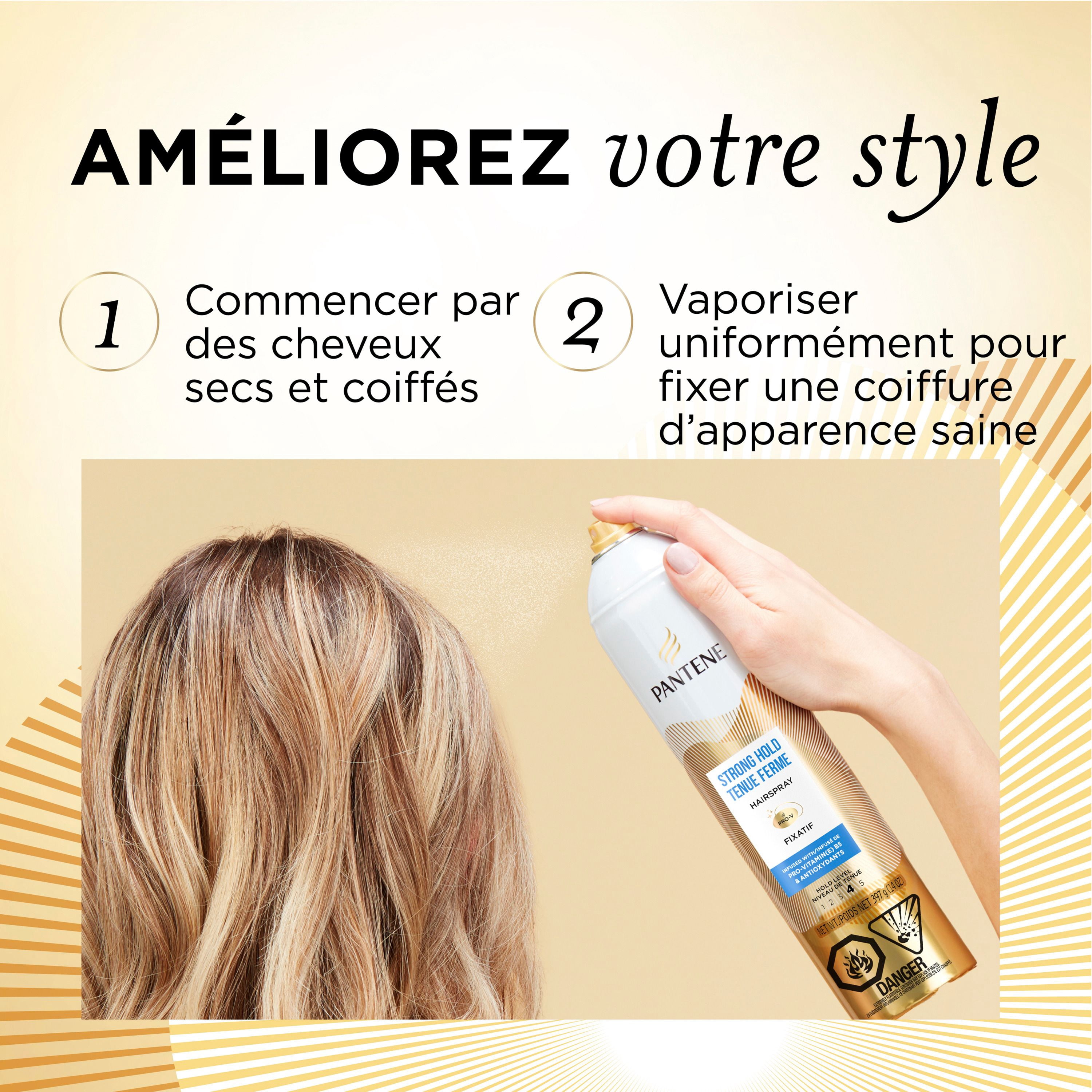 Fixatif à tenue ferme Pantene, niveau 4, formule riche en nutriments avec provitamine B5