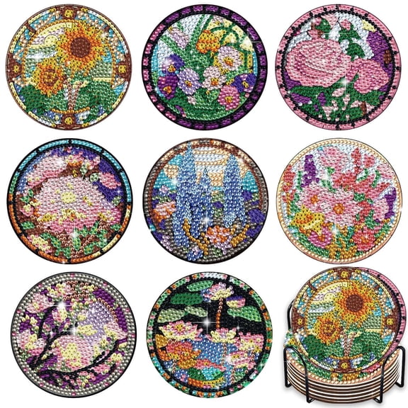 YIFEI Flower Diamond Art Coasters Kit with Holder 8 Pcs Stained Glass Diamond Painting Coasters Sunflower Rose Lily DIY Craft Kit for Adults Beginners Gift