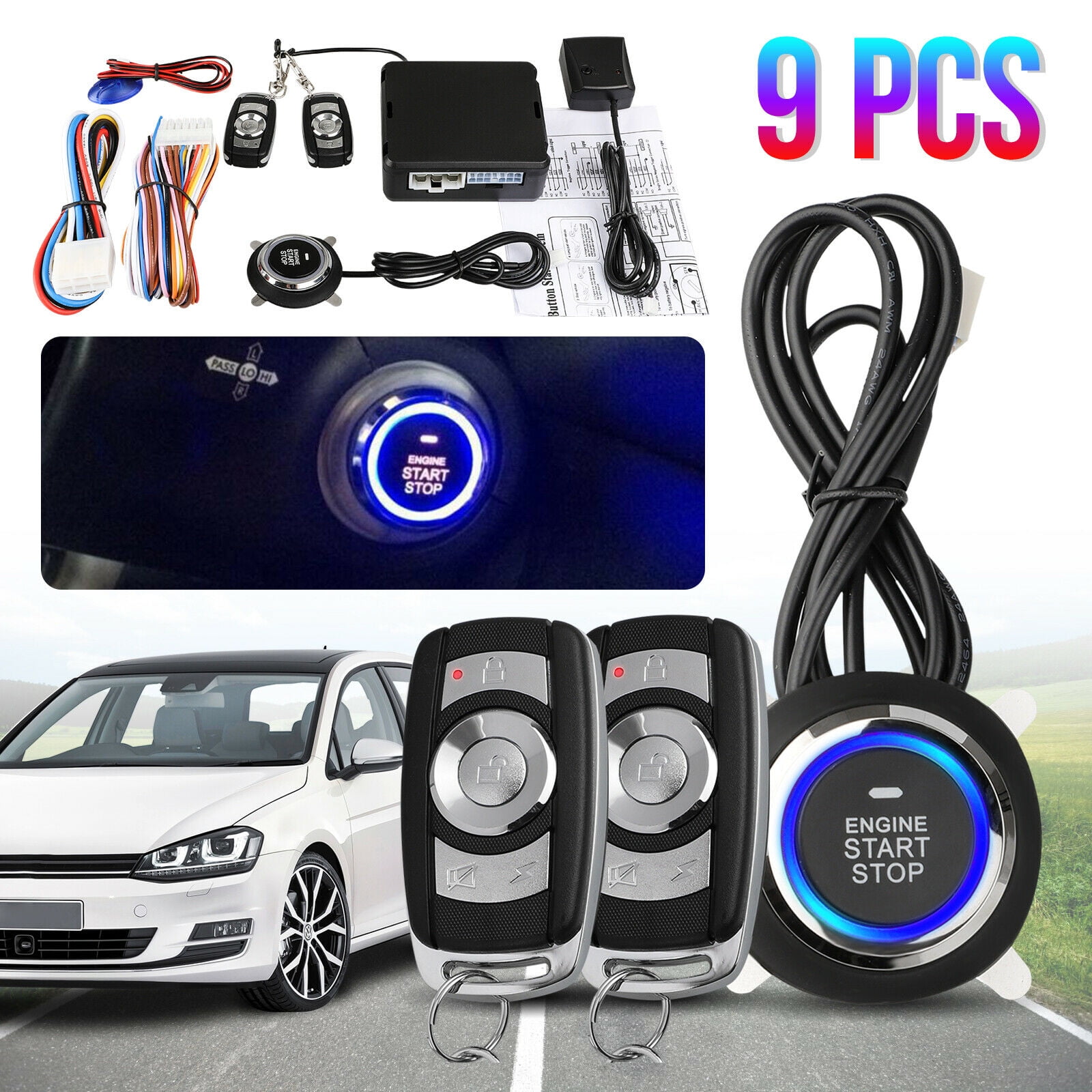 9Pcs Start Push Button Remote Starter Keyless Entry Car SUV Alarm