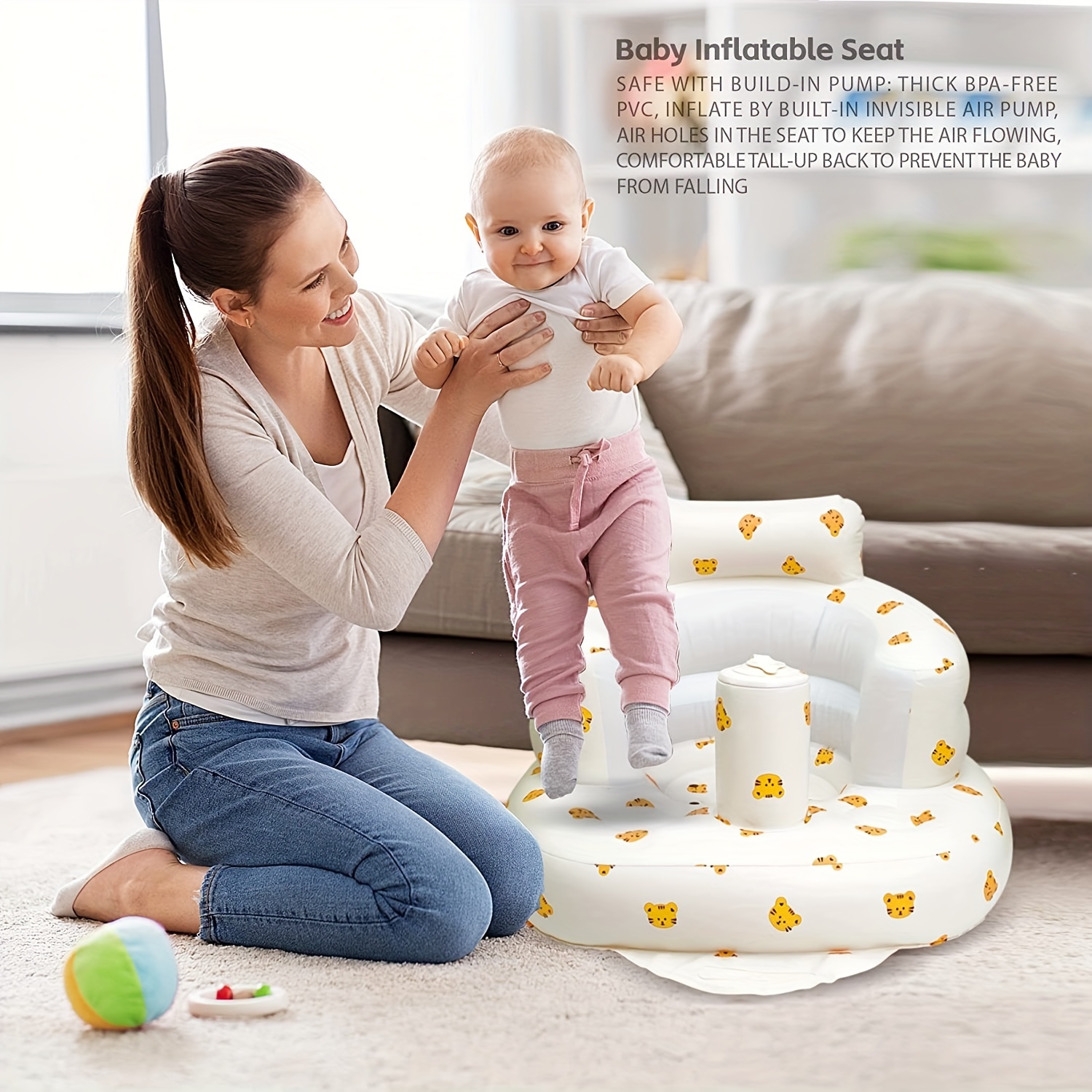 Siège Gonflable Bébé Avec Pompe Intégrée - Chaise Soutien Dorsal 3-36 Mois - Plateau Inclus - PVC Renforcé