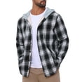 thumbnail image 4 of Men's Fleece Lining Drawstring Hooded Plaid Shirt Jacket M Black White, 4 of 6