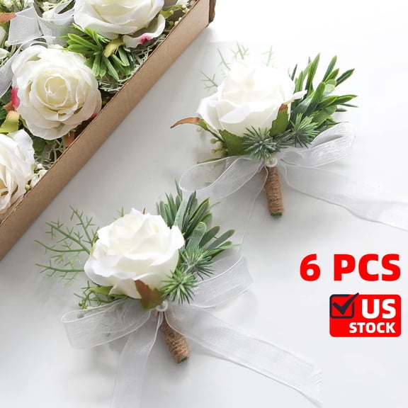6 PCS Ivory Rose Boutonnieres for Best Men Groom Groomsmen White Wedding Prom