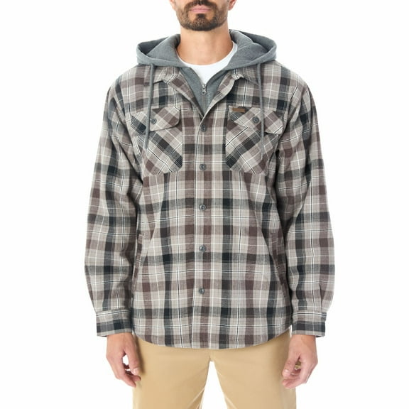 Men’s Sherpa-Lined Hooded Flannel Shirt Jacket Color: Taupe Brown Size: XL