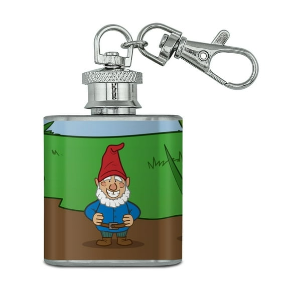 Garden Gnome with Toadstools Stainless Steel 1oz Mini Flask Key Chain