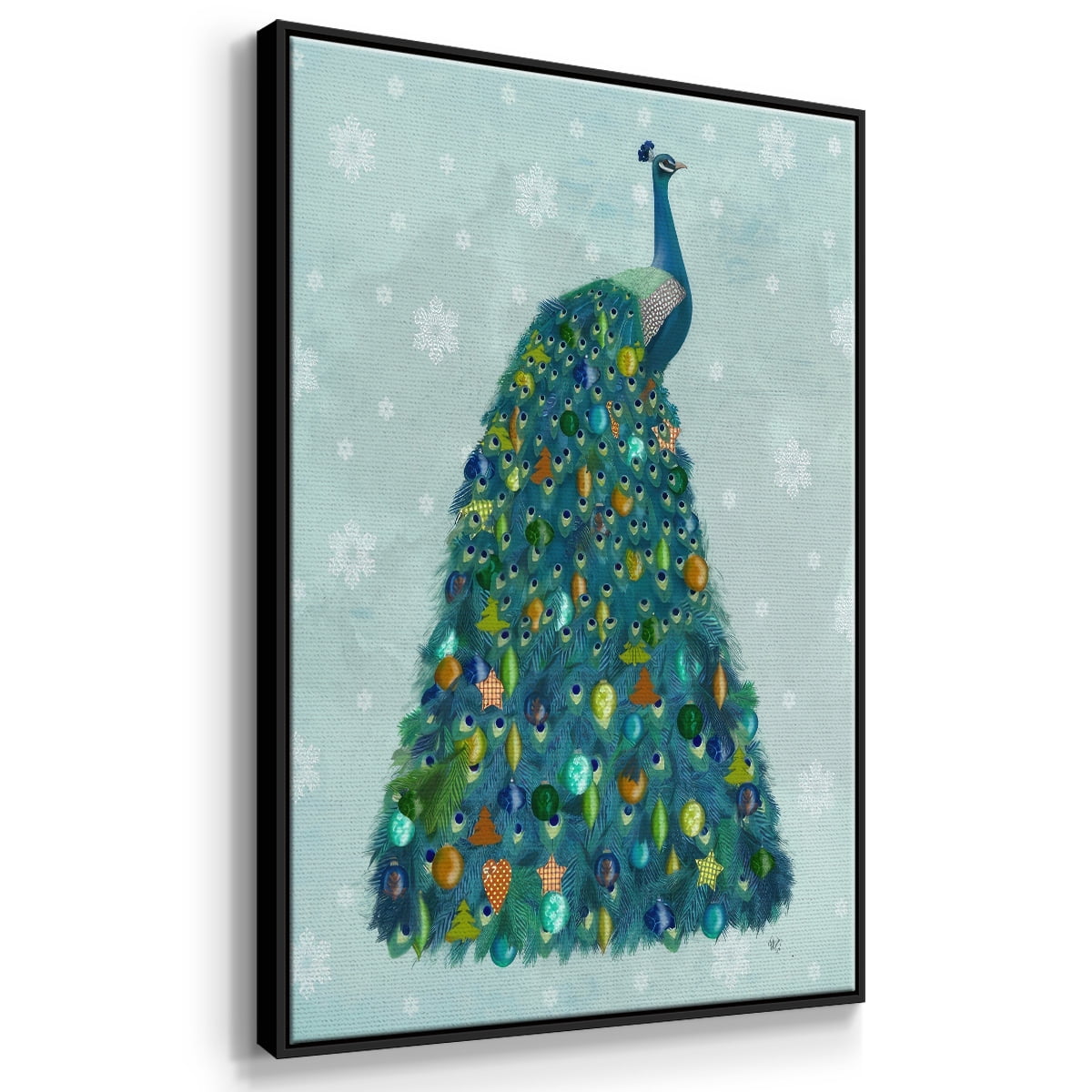 Christmas Peacock Christmas Tree - Framed Gallery Wrapped Holiday Canvas - 25 x 37 - Black Frame