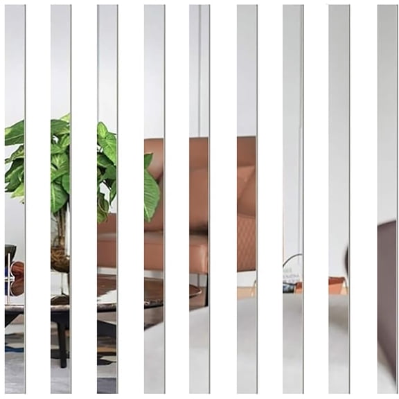 Asunby Self-Adhesive Removable Striped Acrylic Mirror Wall Stickers 10-Pack, 2"x20", Silver