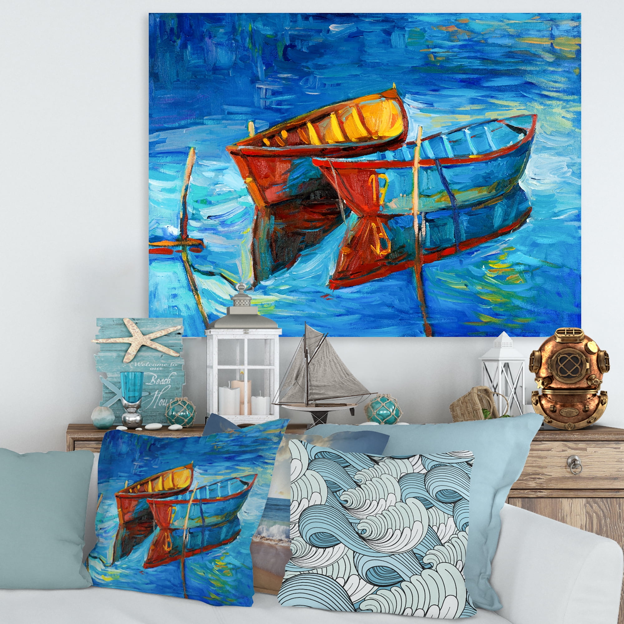 Boat At The Lake During Evening Glow III 8 in x 12 in Painting Canvas Art Print, by Designart